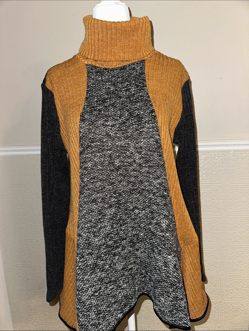 THML Colorblock Handkerchief-Hem Turtleneck Sweater - Mustard, Charcoal, Black